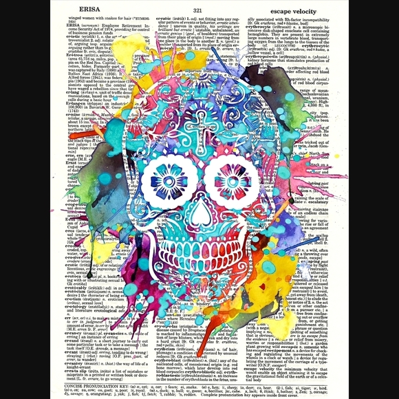 Watercolor Sugar Skull Dictionary Art Print - Picture 1 of 4